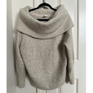 H&M Women Off Shoulder Cowl Neck‎ Sweater Beige Knit Cozy Pullover Size S